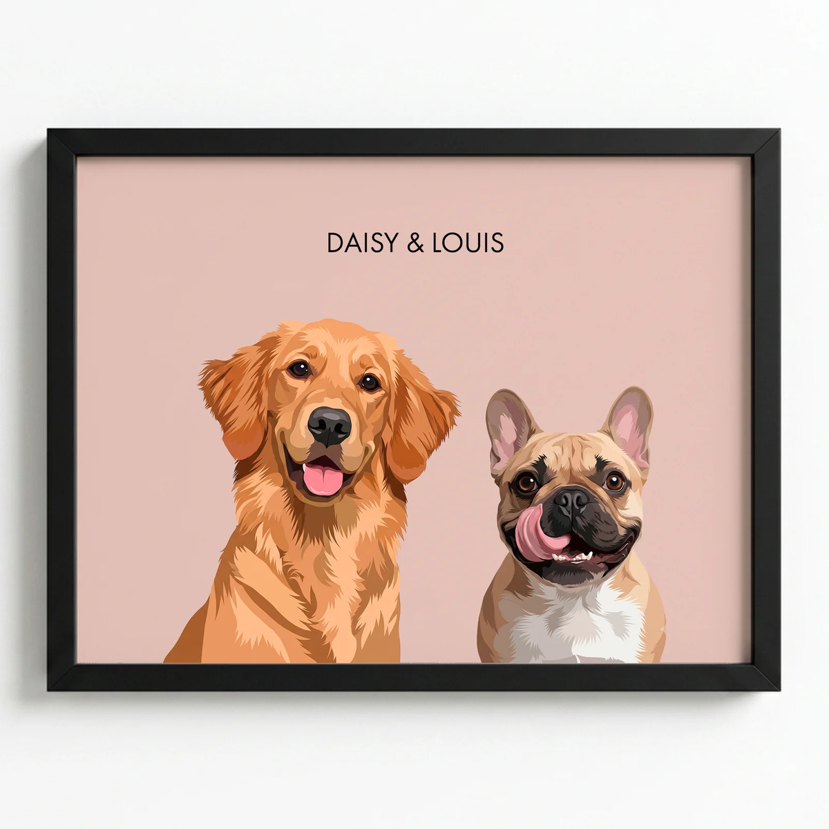 Custom two pet portrait in a black frame on a dusty pink background