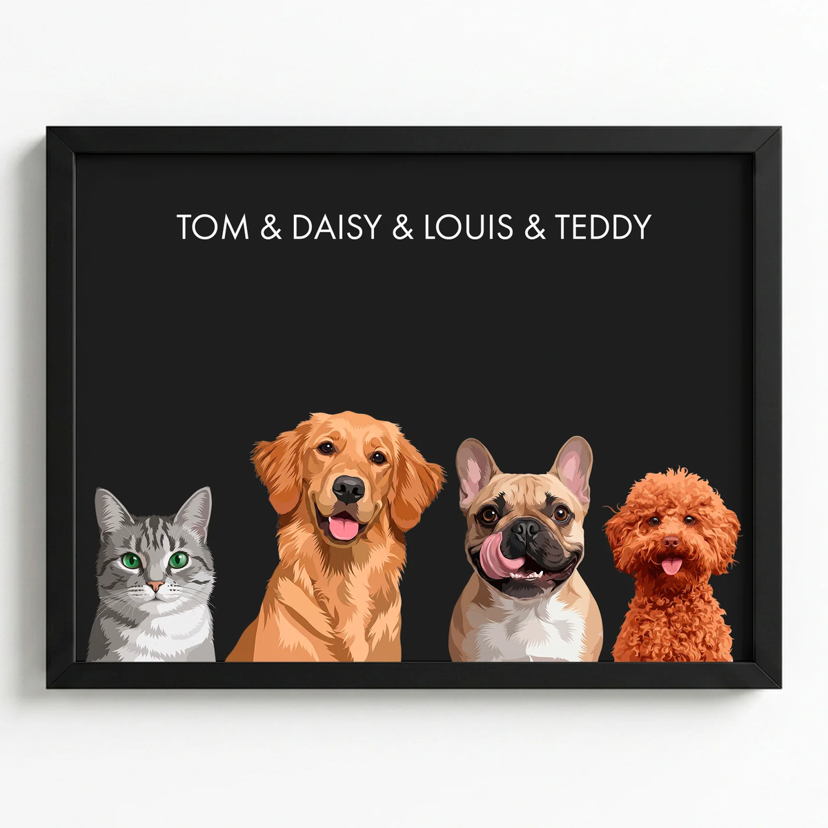 Custom four pet portrait in a black frame on a charcoal grey background