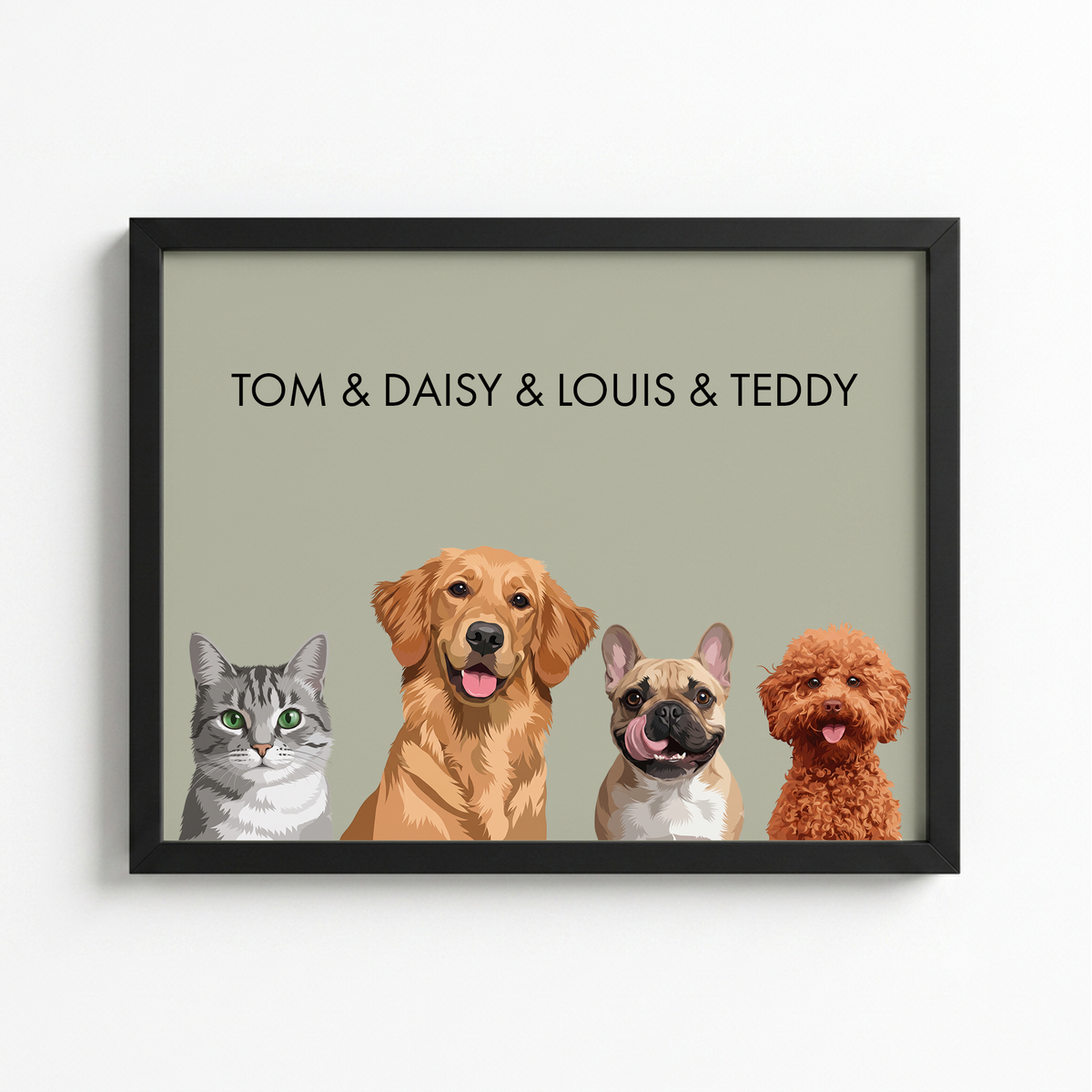 Custom four pet portrait in a black frame on a sage background