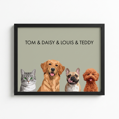 Custom four pet portrait in a black frame on a sage background
