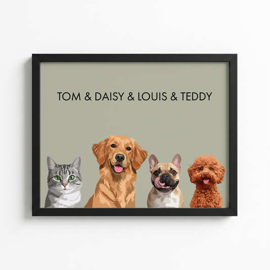 Custom four pet portrait in a black frame on a sage background