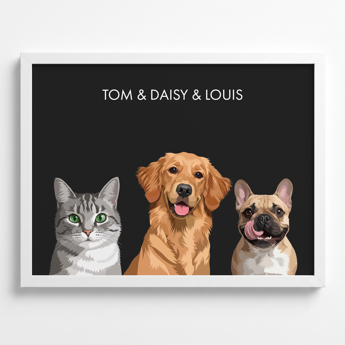 Custom three pet portrait in a white frame on a charcoal grey background