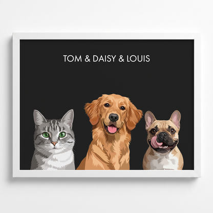 Custom three pet portrait in a white frame on a charcoal grey background