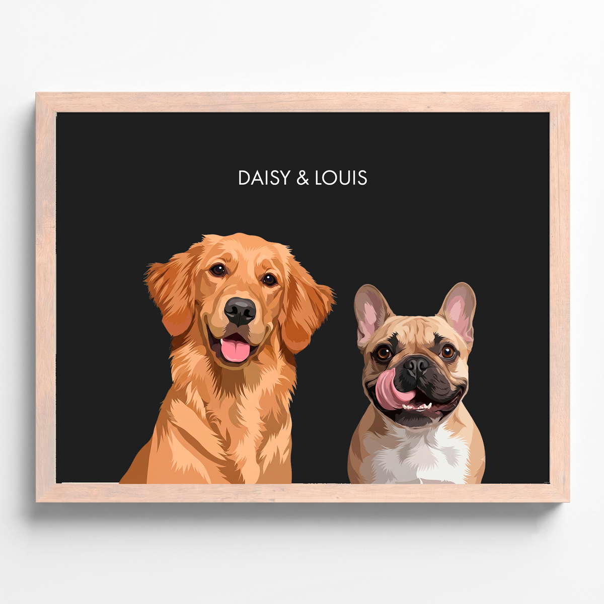 Custom two pet portrait in a wood frame on a charcoal grey background