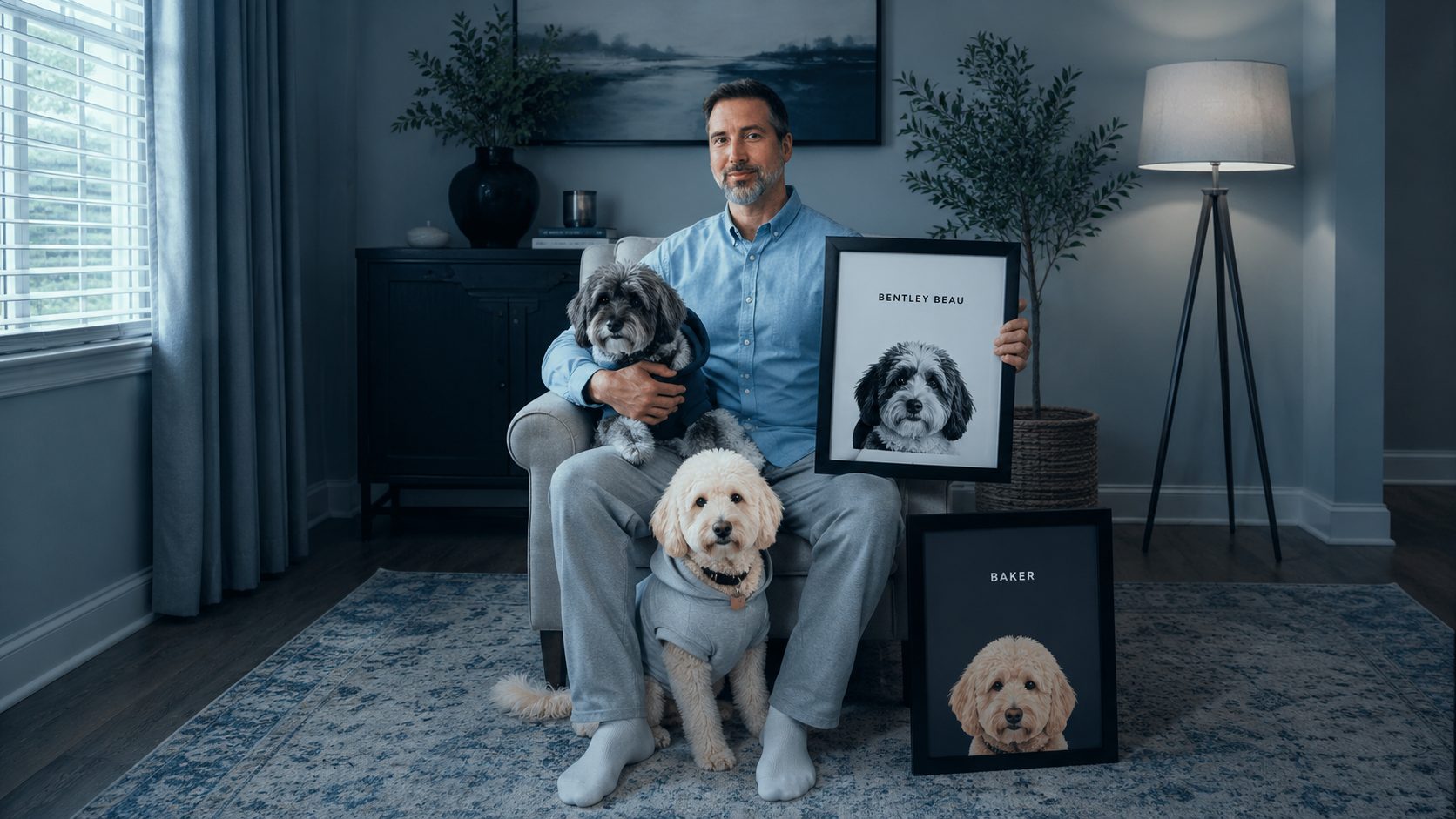Your dog, hand-drawn andframed for the wall.